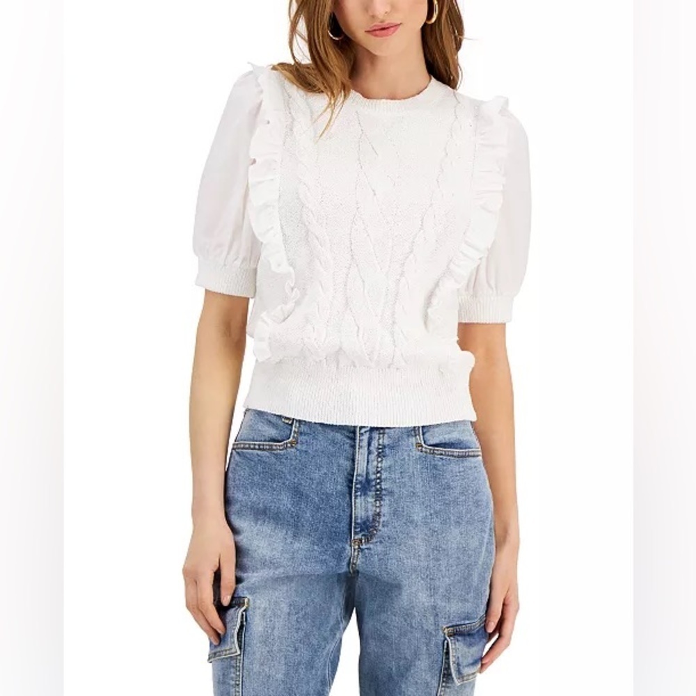 INC Cable Knit Sweater White Short Sleeve Top - Picture 4 of 16